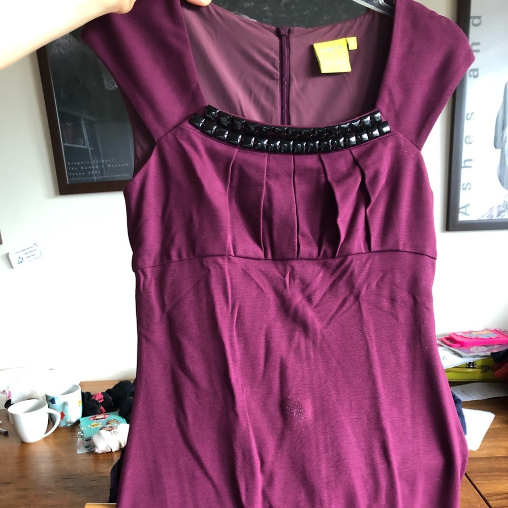 Maroon dress. Cap sleeves.